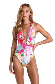 Sunshine 79 Women's Standard Plunge Mio One Piece Swimsuit, Bright Pink//Expressive Garden, 6