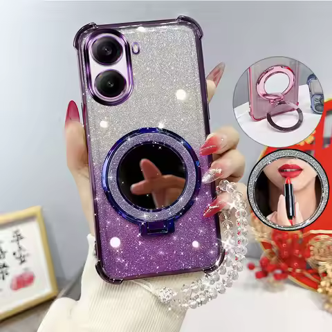 Glitter Four-Corner Shockproof Phone Case with Mirror Stand Beaded Strap For Xiaomi Redmi Turbo 4 Po