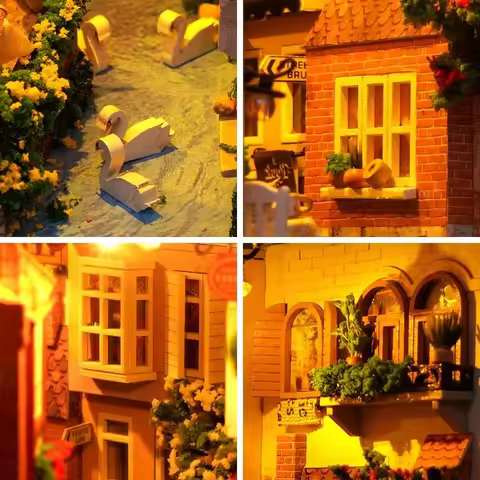 Retro DIY Wooden Book Nook Shelf Insert Miniature Kits Bruges Ancient City Bookshelf Home Decoration