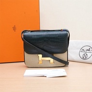 HERMES Constance康康196O松柏綠正方塊鱷魚皮Z刻金扣肩背包