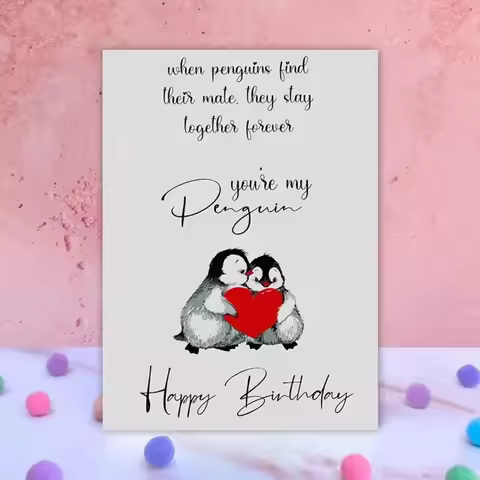 Happy Birthday Day Card Penguin Birthday Boyfriend Girlfriend Husband Wife Love gift.