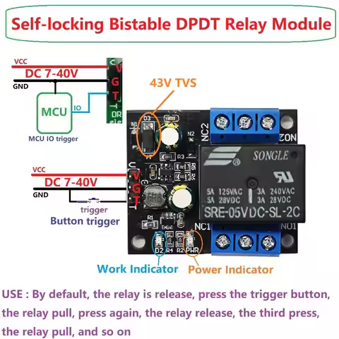 Dual Channel Multipurpose Self-locking DPDT Relay Board Low Pulse Flip Module DC 7-40V 5A Double Swo