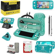 Switch Lite Accessories Bundle, Kit with Carrying Case,TPU Case Cover with Screen Protector,Charging Dock,Playstand, Game Case, USB Cable, Stylus,Thumb Grip Caps for Nintendo Switch Lite (Turquoise)