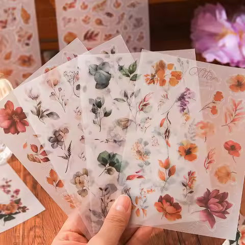 JIANQI 6 sheet Die cutting Flower Stickers Junk Journal Sticker Package DIY Diary Decoration Sticker