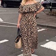 Plus Size Women's Leopard Print Off Shoulder Ruffle Waist A-Line Maxi Dress With Side Slit, Tropical