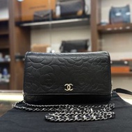 85%New Used Chanel Woc Wallet On Chain 黑色羊皮山茶花 #香奈兒