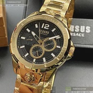 VERSUS VERSACE凡賽斯精品錶,編號：VV00037,44mm圓形金色精鋼錶殼黑色錶盤精鋼金色錶帶