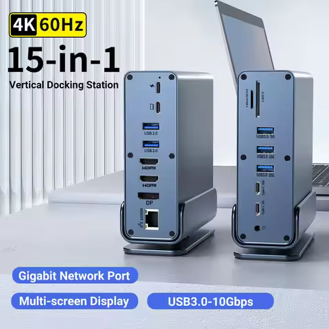15 in 1 USB-C Docking Station 4K HD Vertical Hub with Triple Monitor ,RJ45 1000M,USB 3.0/2.0,PD 3.0,