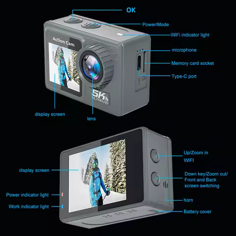 5K 4K 60FPS Action Video Cam Anti-shake WIFI Sports DV Cam Dual Screen Outdoor Cycling Camera 30m Wa