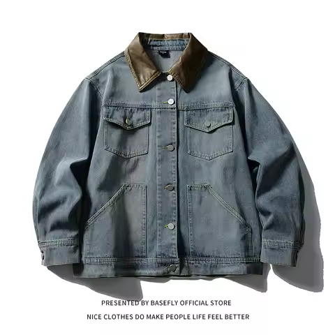 New Autumn Simple Solid Old School Pocket Men Denim Jackets Unisex Women Jean Coats Casual Retro Vin