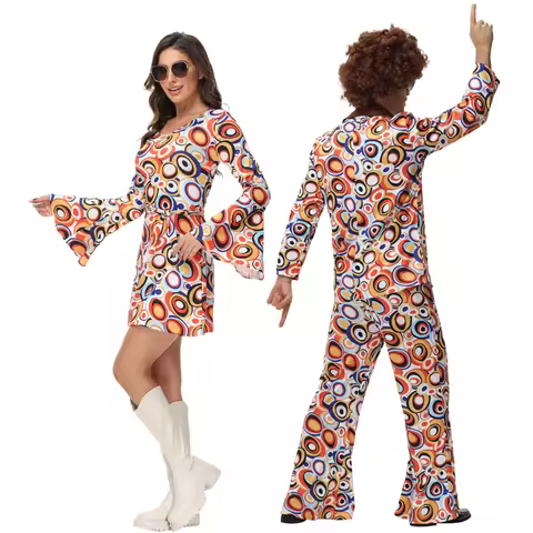 Adult Couples Disco Party Hippie Costumes Women Male 70s 80s Rock Disco Cosplay Outfits Halloween Da