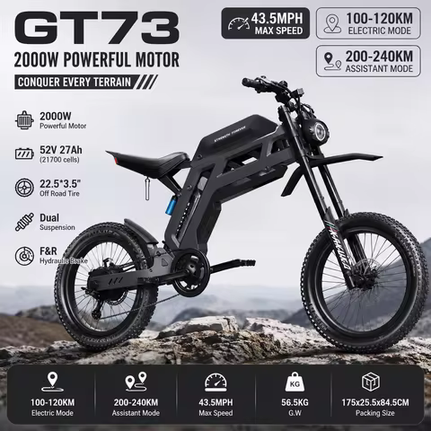 OBX E-Bike GT73 Off Road Electric Bike 2000W Peak Motor, 22.5×3.5” Tires, Dual Suspension, 240KM PAS