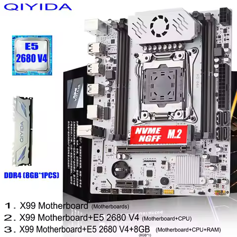 QIYIDA X99 Motherboard set LGA 2011-3 Xeon E5 2680 V4 CPU DDR4 8GBx1PCS=8GB NVME NGFF M.2 SATA3.0 US