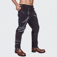Gothic Punk Rockผู้ชายสบายๆกางเกงตกแต่งโซ่Boundกางเกงยีนส์หลวมFitเต้นรําสบายBreathableแฟชั่น