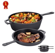 【จัดส่งภายใน 24 ชม】Cast Iron Skillets 3.2 QT Deep Pot + Frying Pan Lid Pre-seasoned Multi Cooker Skillet Set Dutch Oven Suitable for Grill Baking Works on Induction Electric Stovetop &amp; in Oven