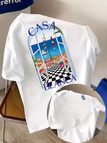 Casablanca Aesthetic Architectural Graphic T-Shirt, Casual Round Neck Short Sleeve Tee, Summer Neutr