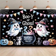 Banner nền Halloween 2D - Thiết kế hình ma dễ thương "Boo-Y hay Ghoul, Boo-Bee của chúng ta là gì?",