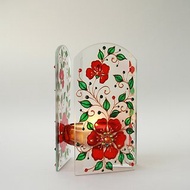 Glass Lamp Candle Holder Red Flower Emerald Swarovski Crystals Hand-painted