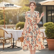 (trendy4)(Lovito Refine) Boho Dress Ruffle Neck Soft and Comfortable Spring/summer Dress for Women L