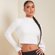 1pc Winter White High Neck Long Sleeve Cable Knit Sweater