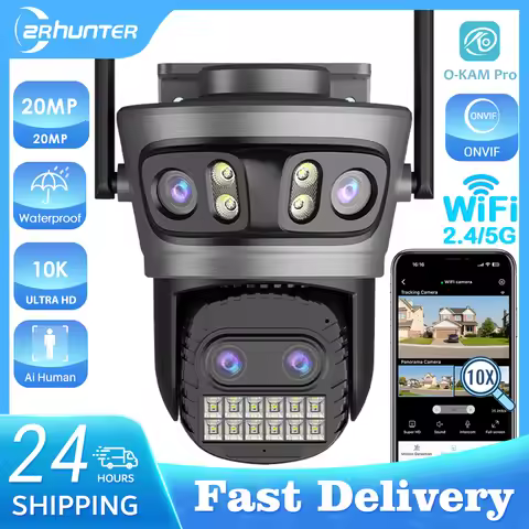 20MP Security Wifi Camera 10K HD Four Lens Outdoors 5G PTZ IP Camera 10X Digital Zoom Lens Human AI 