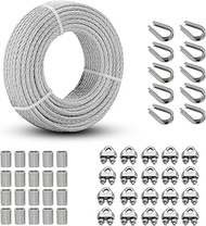 Growglow 100ft Galvanized Steel Wire Rope 7x7 Construction 1/8 Cable Steel Cable Kit with Clamp Thim