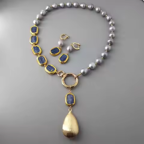 Freshwater Gray Pearl Blue Kyanite Teardrop Pendant Collar Necklace Earrings Set
