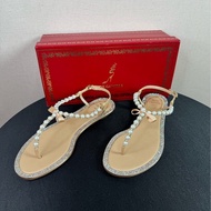 99新 Rene caovilla水鑽珍珠蝴蝶結人字拖涼鞋 35.5碼 鞋邊雙排水鑽裝飾