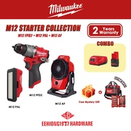 MILWAUKEE M12 Starter Collection M12 FPD2 Percussion Drill M12 PAL Area Light M12 AF Air Fan M12FPD2 M12AF M12PAL Combo