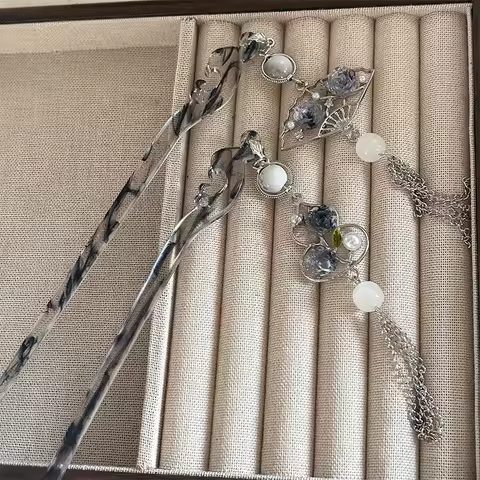 Exquisite Acetic Acid Hairpin For Women Neo Chinese Style Folding Fan Tassel Hair Stick Girls Jewelr