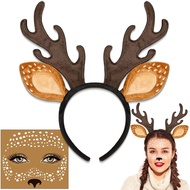 Deer Costume Adult Women Gilrs, Deer Antlers Headband and Face Sticker, Halloween Deer Ears Reindeer