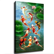Feng Shui Nine Koi Fish Lucky Landscape Poster Painting on Canvas Wall Art Living Room Decoration Ho
