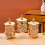 7in1 Toples Kaca Diamond dengan Nampan Kayu Kaleng Camilan/kaleng Kue/Tempat Bumbu / Candy Jar