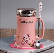 【上品居家生活】粉紅腳踏車 Hello Kitty 凱蒂貓 創意鏡面蓋 卡通風格陶瓷杯帶小湯匙/小勺子 (420ml)