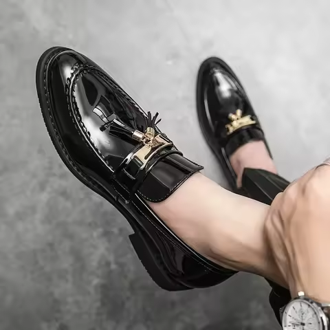 Men's Glossy Leather Tassel Loafers - Premium Moccasin Style Shoes