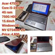 Acer 4755G Core i5-2410M 4G ram 750G HDD 15.6inch Windows10 NV GT540M-2G Price: 4,800