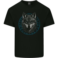 A Wolf In Viking Symbols Text Valhalla Mens Cotton Tee Top