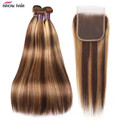 Ishow Highlight Bone Straight Bundles With Closure P4/27 Color Brazilian Hair Weave Bundles With 4x4