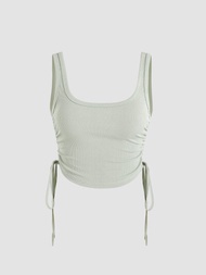 Cider Solid Rib Drawstring Tank Top เสื้อกล้ามครอปท็อปผู้หญิงเสื้อแฟชั่นผญลุคสตรีท