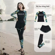 Women's long-sleeved swimsuit set 3 Piece shirt, shorts, leggings, sun protection, discreet and elas