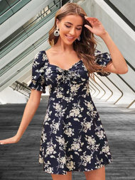 BLACK FLORAL FASHIONABLE HAWAIIAN FLITTED SUMMER  DRESS FOR WOMEN COD