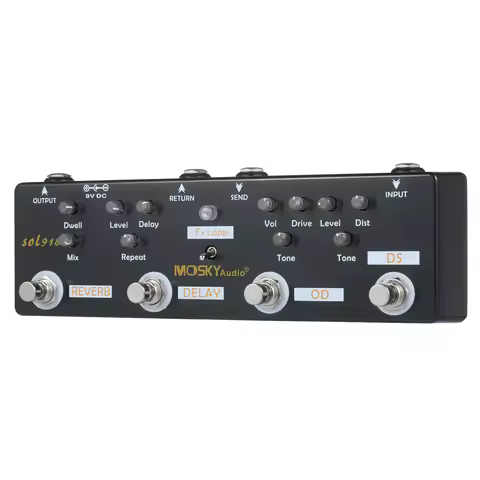 MOSKY Audio SOL918 Guitar Multi Effects Pedal, Distortion Overdrive Delay Reverb 5 Effects, FX Loop 