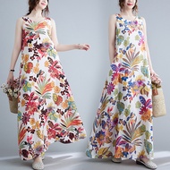 Women's Round Neck Sleeveless Dress Loose Printed Cotton and Linen Causal A-Line Dress