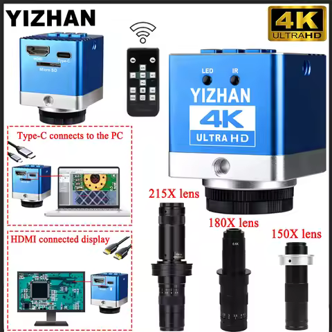 YIZHAN 4K UHD Industrial Microscope Camera Type-C Mount Measurement 150X/180X/215X Zoom Lens for DIY