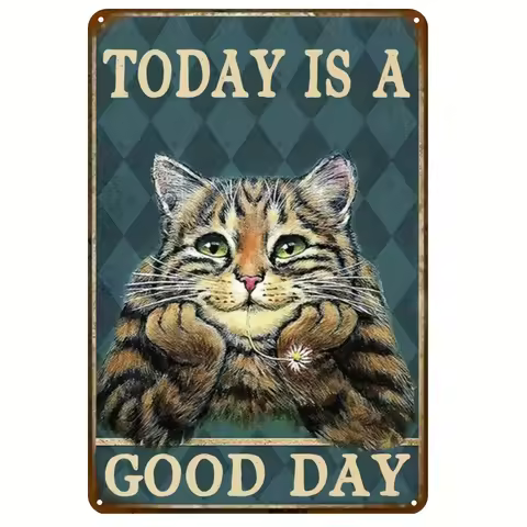 A Metal Tin Sign (8''x12''/20cm*30cm) Home Decor Artwork "Today is a Good Day", Creative Funny Cat P