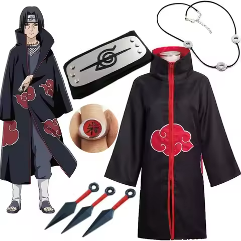Kakashi Cosplay Costume Akatsuki Cloak Uchiha Itachi Sharingan Headband Necklace Ring Kunai Pain Hal