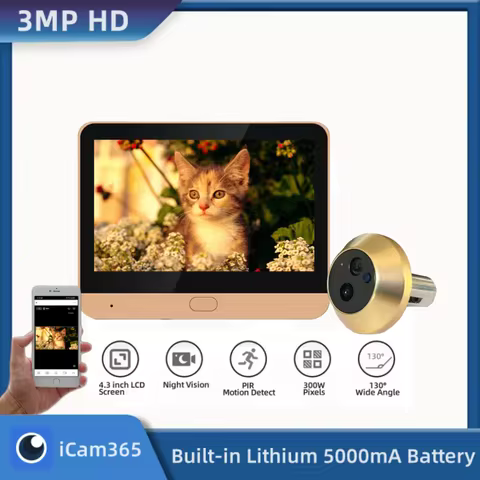 iCam365 Wireless Door Peephole Video Viewer with One-Way Audio 3MP 2.4G WiFi Home Security Camera wi