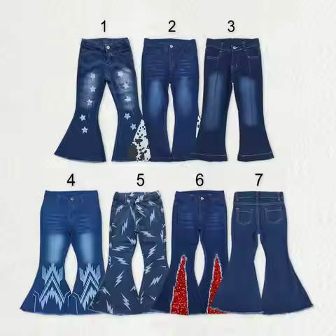 Wholesale Baby Girl Sibling Baby Girls Hot Blue Bell Bottom Denim Pants Jeans