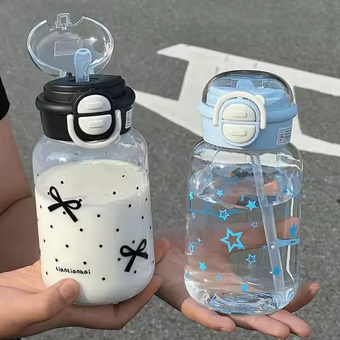 Cute Water Bottle With Straw Portable Plastic Cover Water Cup For Kid Kawaii Bottle Water Leak-Proof
