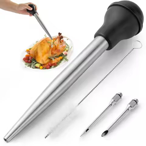 BBQ Meat Syringe Marinade Injector Turkey Chicken Syringe with Stainless Steel Needles Brush Sauce I